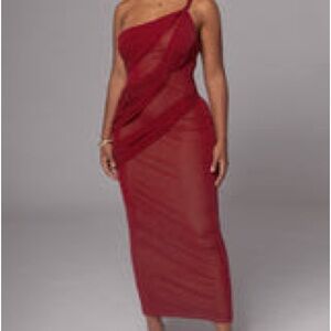 JLUXLABEL Burgundy One-Shoulder Sheer Midi Dress
